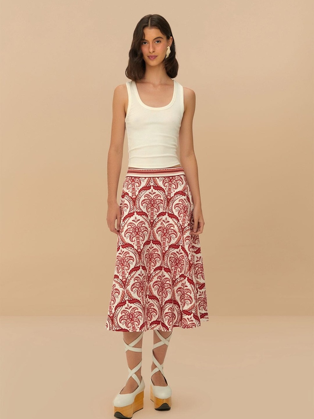 FARM Rio Off-White Tropical Cameo Midi Skirt